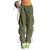 QYANGG Baggy Parachute Pants for Women& Girls Drawstring Elastic Low Waist Ruched Cargo Pants Multiple Pockets Jogger Y2K Green