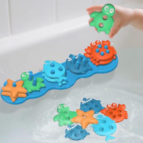 Image of Suction Baby Bath Toys, Mold Free Silcone Shape Sorting & Stacking Bathub Toy, Sensory Toys & Best Gift for Toddlers 3 4 5 Early Learning Bathtub Fun (Ocean Animal)