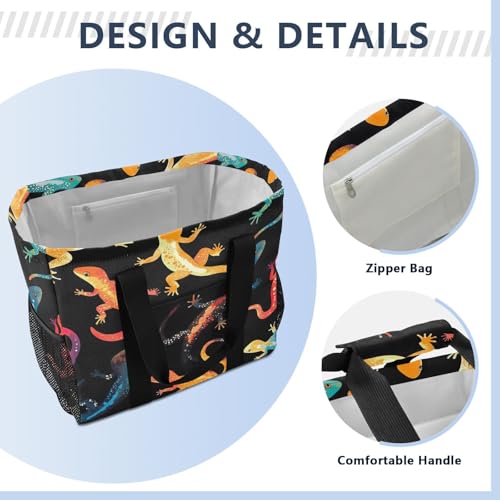 STAYTOP Colorful Gecko Beach Bags for Women - Waterproof Sandproof Beach Tote with Pocket for Travel Vacation Gym3