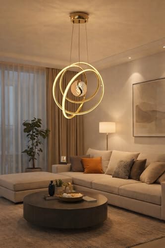 Image of Modern Premium Loop Curved LED Stylish Gold Finish with 3 Different Color Mode (Warm White, Cool White, Neutral White) Chandelier with Height Adjustable Hanging for Bedroom, Living, Dining,