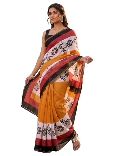 Image of SIRIL Women's Printed Cotton Linen One Minute Ready to Wear Saree With Unstitched Blouse Piece