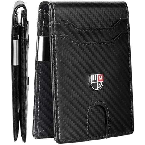 PDOO Minimalist Front Pocket Rfid Leather Wallet |Front Pocket Wallets For Men | Thin Mens Bifold Wallet with Money Clip | 12 Card Holders Slots with ID Window | Gift Choice, Carbon Fiber Black Cover