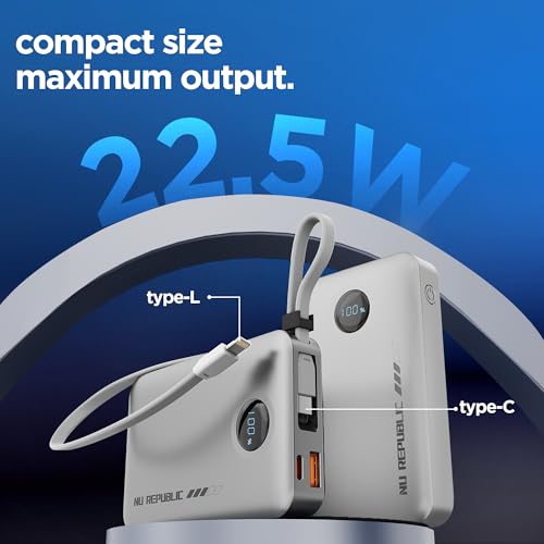 Image of Nu Republic Powerpop X4 10000mAh 22.5W Power Bank, Built-in Type-C & Lightning Cables, 4 Outputs, Quick Charge 3.0, PD Fast Charging, LED Display, Aluminium Body (Silver)