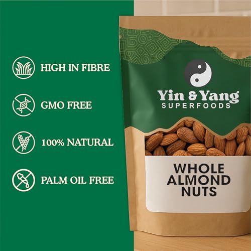 Organic Almonds 500g Whole & Raw, by Yin & Yang Superfoods. Premium Quality, High in Fibre Source of Protein, Vegan, Contains Antioxidants, Certified Organic, Sourced in Italy