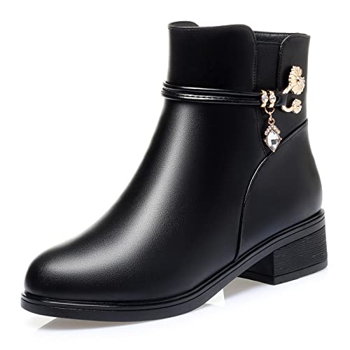 SWZEC Femme Bottines Hiver Chaud Classique Chelsea Bottines en Cuir Femme Zip Doux Et Confortable Coton Chaussures Bottes de Neige Taille 35-42 (40,Noir avec Doublure Peluche) Cover