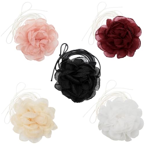 ZOCONE Pacote de 5 gargantilha de flores, Choker flor pescoço mulher colares com flores vintage gargantilha de flores para mulheres e meninas, colar de rosa de tecido ajustável para festa férias,