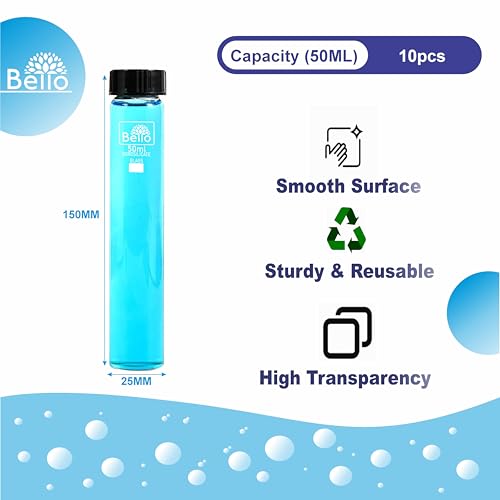 Image of Bello 50ml 10pcs Clear Glass Vials Culture Tube, Glass Sample Vial with PE Stopper, Leak-Proof Glass Bottles Containers Essential Oil Bottles for Storage Liquid, Pills and Lab Home Kitchen Use.