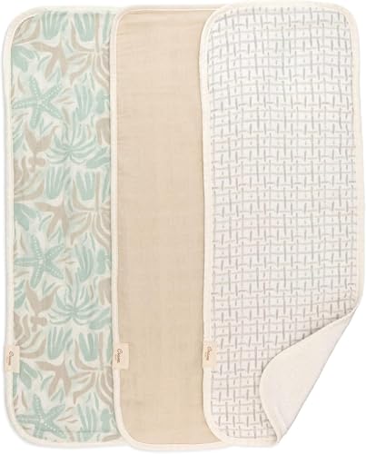 Image of Crane Baby Muslin Baby Burp Cloths, Lightweight Absorbent Burp Cloth, Beach Life Starfish, Set of 3, 7” x 20”, Newborn Baby Essentials, Burp Cloths Baby Boy, Burp Cloths Baby Girl, Newborn Essentials