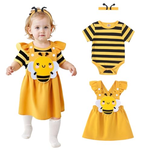 Asmea Ropa Bebe Recien Nacido Niña Abeja Conjunto Bebe Recien Nacido Manga Corta Body con Volantes + Falda con Tirantes Regalo Bebe Recien Nacido Niña Ropa Bebe Niña 0 3 Meses