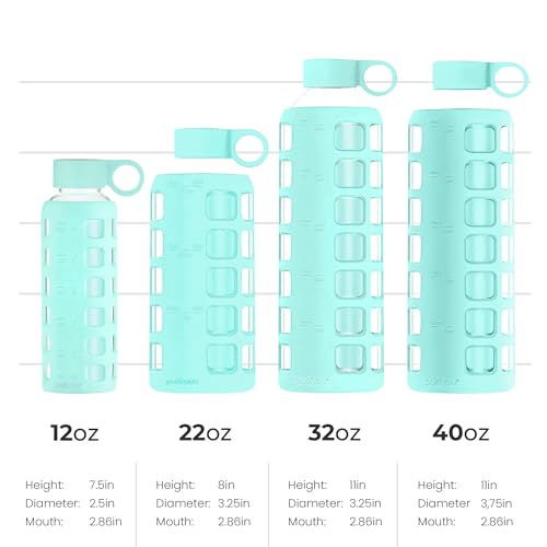 purifyou 40oz / 32oz / 22oz / 12oz Borosilicate Glass Water Bottle with Time & Volume Markers, Silicone Sleeve, Stainless Steel Lid | Reusable Glass Bottle for Water & Juice (22oz Glow-in-the-Dark)