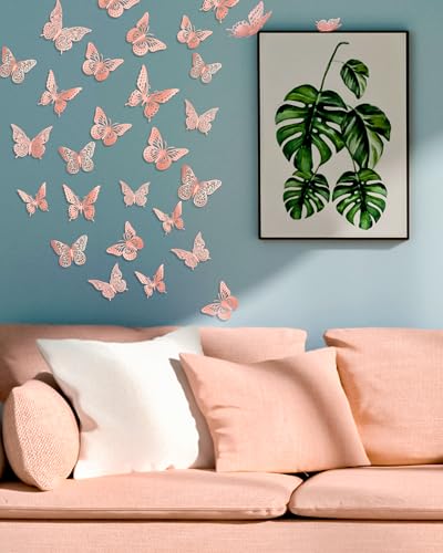 Image of 72Pcs 3D Butterfly Wall Decor, Pink Butterfly Decorations, 4 Styles 3 Sizes Removable Butterflies Pink Wall Stickers Room Decor for Birthday Party Kids Bedroom Cake Nursery Room Decor
