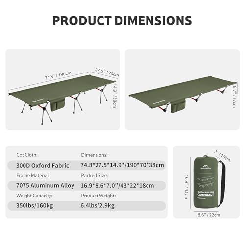 Image of Naturehike ArmyWild Folding Camping Cot, Height Adjustable Ultralight Backpacking Cot, Portable Camping Bed for Camping Hiking Travel Home