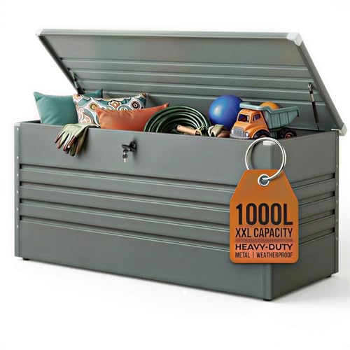 Olsen & Smith 1000L Extra Large XL Metal Outdoor Garden Storage Box - Weather Resistant Heavy Duty Garden Box with Built In Lock - Massive Capacity Storage Chest for Tools Cushions Toys & More, Grey