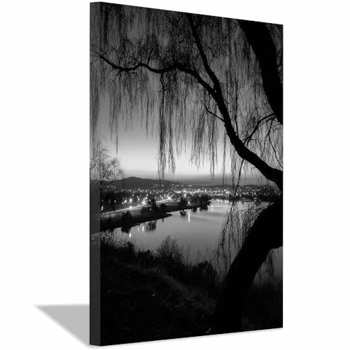 Wandbilder Wohnzimmer Schlafzimmer Wanddeko tableau paysage lac saule noir et blanc