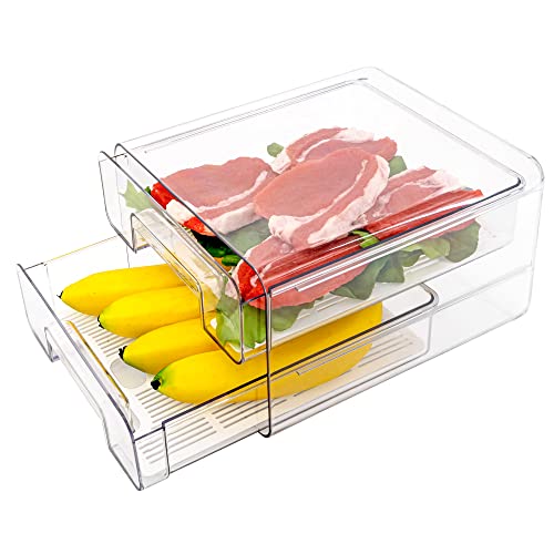Image of MANO Stackable Refrigerator Drawers Pull Out Bins Double Layer Fridge Organizer Refrigerator Organizer Box Clear Plastic Food Storage Containers Set Produce Saver for Pantry, Freezer, Kitchen Cabinet