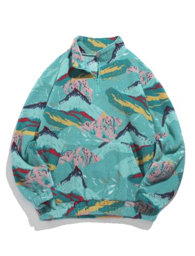 Image of ZAFUL Men 1 /4 Zipper Ethnic Aztec Fleece Unisex Winter Sweatshirt Tops 2026 | Funnel Neck Fluffy Polar Fleece Faux Sherpa Soft Thermal Pullover Kangaroo Pocket Jacket Hoodie Tops