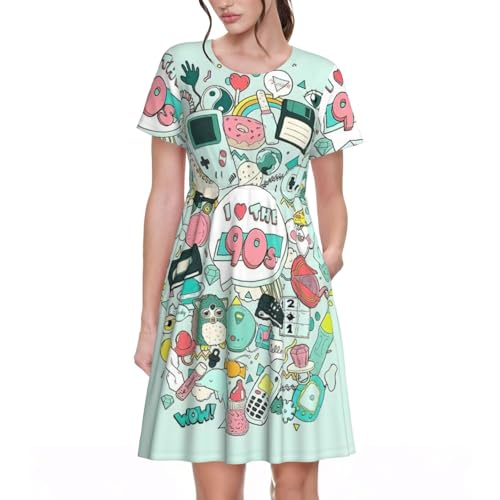 Robe d'été décontractée trapèze à manches courtes col rond motif rétro et poches