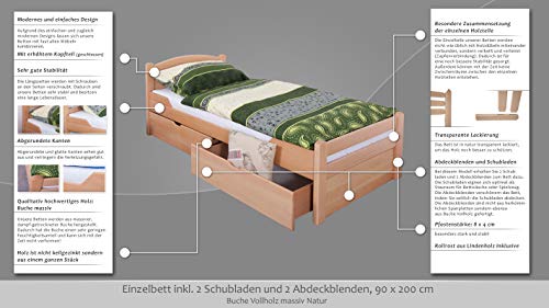 Einzelbett/Funktionsbett "Easy Premium Line" K1/ Voll inkl 2 Schubladen und 2 Abdeckblenden, 90 x 200 cm Buche Vollholz massiv Natur – Bild 4