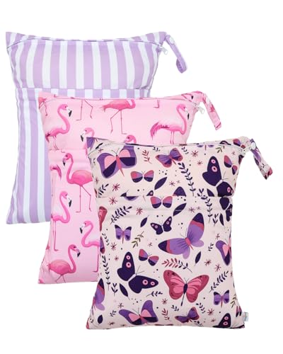 Image of babygoal Wet and Dry Pockets for Baby Nappies, Washable Travel Bags, Beach, Pool, Gym Bag for Swimsuits and Wet Clothes, with Two Zip Pockets, Girl colour: 44, 30cm x 36cm, Wet and Dry Bag