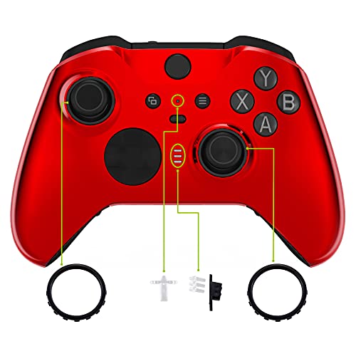 Image of eXtremeRate Chrome Red Edition Glossy Faceplate Cover, Front Housing Shell Case Replacement Kit for Xbox One Elite Series 2, Xbox Elite 2 Core Controller Model 1797 - Thumbstick Accent Rings Included