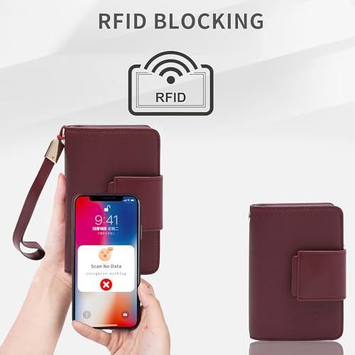 Small Wallet for Women Rfid Blocking Leather Bifold Compact Wallet Credit Card Holder Ladies Wristlet Wallet Mini Purse with Big Zipper Pocket (Wine)3