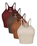 ASLABCREW Women's Crop 4 Piece Seamless Ribbed Camisole Strappy Cropped Tank Tops, Long Crop, Mushroom+Clay+Brunette+Wine, Medium/Large
