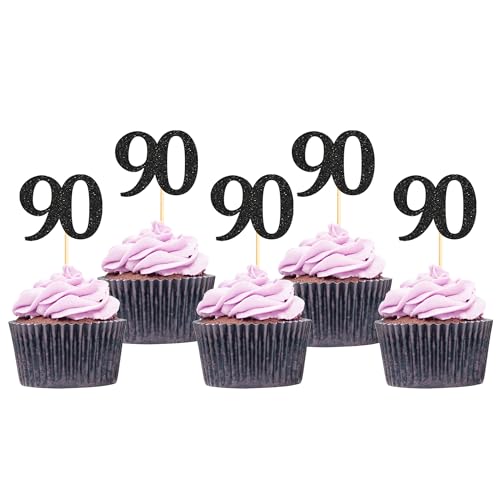 Sotpot 30 Pack Happy 90th Cupcake Toppers, Black Glitter 90 Birthday Cupcake Picks for 90th Birthday Wedding Anniversary Party Decorations Supplies