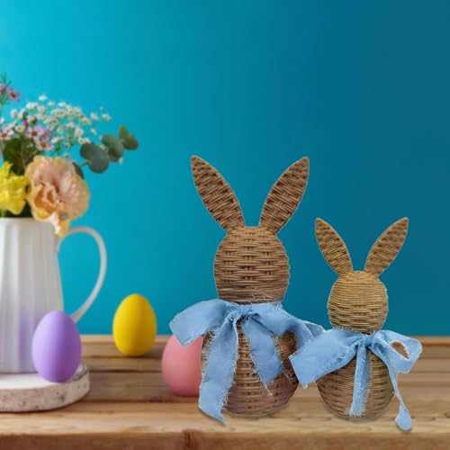 2 Figurines Lapins de Pâques tressés main déco table bleue - 5