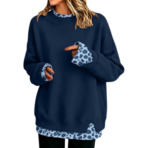 NEKSVTH Casual Shirts for Women Navy#4 L Oversized Y2K Faux Layered Crewneck Sweatshirt Pullover Fall Winter Casual Daliy Wear