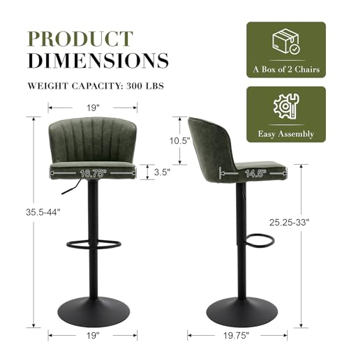 Image of EALSON Swivel Counter Height Bar Stools Set of 2 Modern Adjustable Bar Chairs with Back Leather Upholstered Barstools with Metal Base Comfortable Island Chairs for Kitchen Counter /Pub, Green