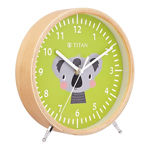 Image of Titan Wooden Kids Table Clock with Koala Cartoon Dial, Silent Sweep, Green Finish, Model T0004WA01 | 18.2 cm x 18.2 cm x 5 cm