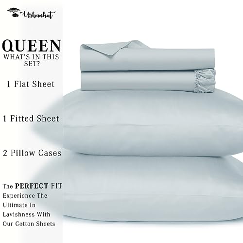 URBANHUT 800 Thread Count Queen Size Sheets Egyptian Cotton, Long Staple, Soft & Breathable, 4 Pc Bed Sheet Sets for Queen Size, Luxury Hotel Sateen Sheets Fits 16" Deep Pocket - Light Blue