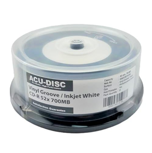 ACU DISC   Paquete de 25 unidades de vinilo en blanco imprimible por inyección de tinta CD R 52 x 700 MB 80 min caja de pastel