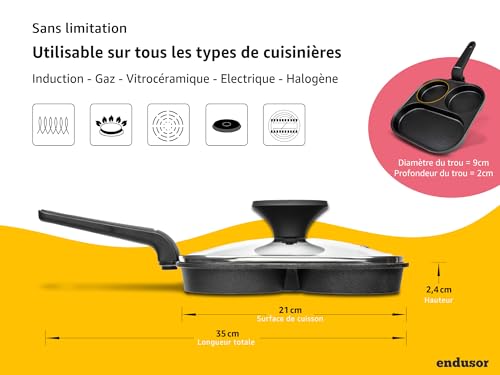 Poele à 3 trous endusor anti-adhésive pour cuisson propre sans coller - 4