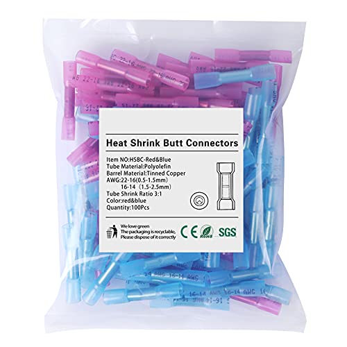 Heat Shrink Butt Wire Connectors, 100Pcs 22-14 AWG Blue Insulated Waterproof Electrical Wire Connectors Automotive Marine Grade Wire Crimp Terminals Butt Splices, Ideal for Boat, Truck, Stereo Blue