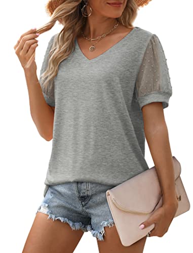 Image of Aokosor Womens Summer Tops V Neck T Shirts Swiss Dot Puff Sleeve Tops Loose Casual Tshirts