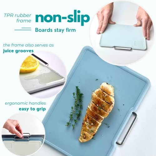 CLOVE Reversible Chopping Board Set with Stand, Small & Large Grey Cutting Boards Colour Coded for Meat, Dishwasher Safe Mini Non Slip Chopping Boards with Stainless Steel Handle & Storage Organizer