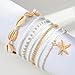 Qceasiy Bead Ankle Bracelets Set For Women, Adjustable Gold Plated Boho Shell Anklet, Hawaiian Beach Seashell Pearl Disc Starfish Conch Foot Jewelry, Summer Fashion Gifts(Starfish 7Pcs)