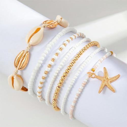 Image of Qceasiy Bead Ankle Bracelets Set For Women, Adjustable Gold Plated Boho Shell Anklet, Hawaiian Beach Seashell Pearl Disc Starfish Conch Foot Jewelry, Summer Fashion Gifts