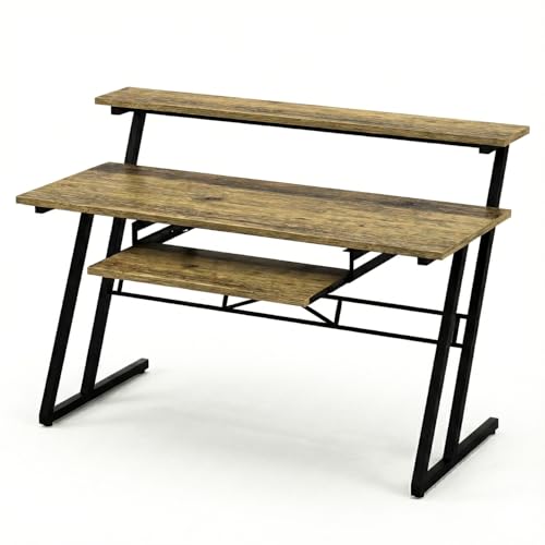 Image of FFO Music Studio Desk | Music Studio Desk with Keyboard Tray | Workstation,Laptop PC Computer, Music Instrument Table for Music Producers | (120L x 60W x 100H CM) | DIY - Brown