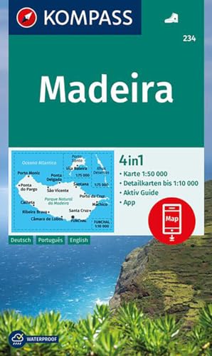 KOMPASS Wanderkarte 234 Madeira 1:50.000: 4in1 Wanderkarte mit Aktiv Guide und 1:25000 Karten, inklusive Kartenbereich zur offline Verwendung in der KOMPASS-App.