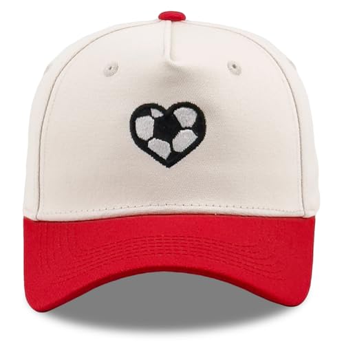 SoGoNati Embroidered Sports Baseball Cap with Love Heart, Two-Tone Adjustable Cotton Trucker Hat for Men Women Gifts (Soccer Love Heart - Red)