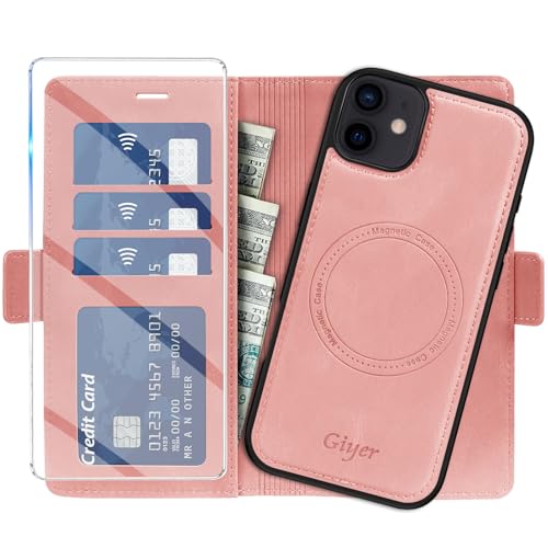 Étui portefeuille iPhone 11 en cuir synthétique rose et coque magnétique haut de gamme