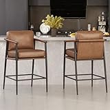 Watson & Whitely Mid Century Modern Barstools Set of 2, 26' H Upholstered Counter Height Bar Stools with Wood Armrests and Metal Legs, Faux Leather in Saddle Brown