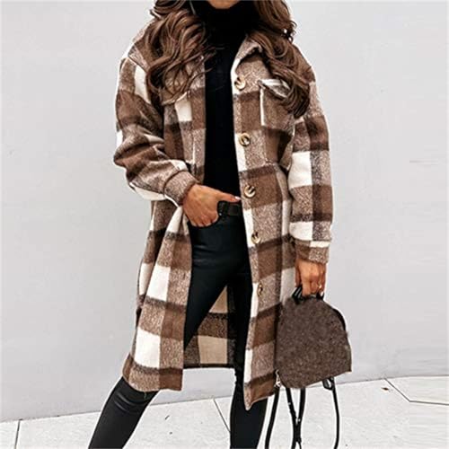Long Flannel Jacket Shirts Women Plaid Shacket Oversized Long Sleeve Button Down Shirt for Women Coats with Pockets 20254