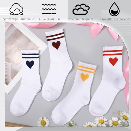 Utensilsto 4 Paar Tennissocken Damen 39-42 Sportsocken mit Streifen Herz Motiv Tennis Socken Damen Laufsocken Atmungsaktiv Baumwollsocken für Sport und Freizeit