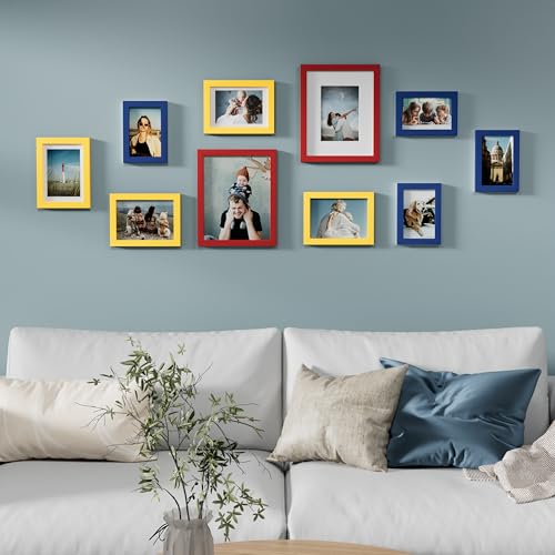 Image of Vittanly Picture Frames Set of 10, Picture Frames Collage Wall Decor with Two 8x10, Four 5x7 and Four 4x6 Photo Frames, Gallery Wall Frame Set for Wall or Tabletop Display, Red, Yellow and Blue