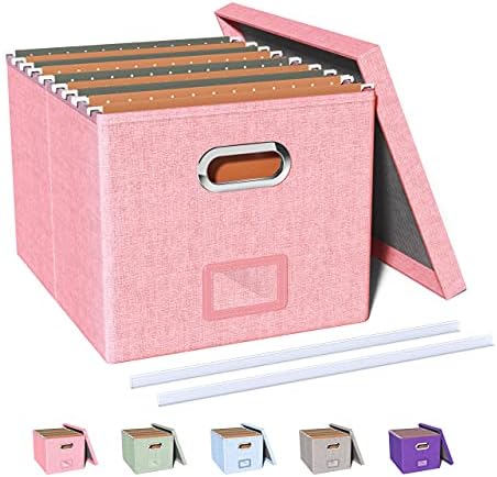 Oterri File Storage Organizer Box,Filing Box,Portable File Box with Lid,Fit for Letter/Legal File Folder Storage, Easy Slide Durable Hanging File Box for Office/Decor/Home,1 Pack,Pink-Box only