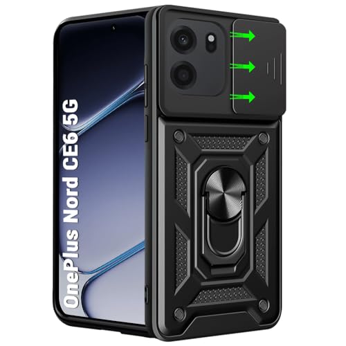 TheGiftKart Tough Armor Bumper Back Cover Case for OnePlus Nord CE 6 5G | Kickstand & Ring Holder | 360 Degree Protection Back Case Cover for OnePlus Nord CE6 (PC & TPU, Sliding Camera Cover, Black)