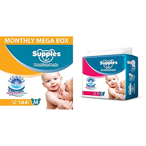Image of Supples Baby Diaper Pants, Monthly Mega-Box, Medium, 144 Count&Supples Baby Pants Diapers, Small, 78 Count
